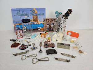 lot 164 image: Lot of Misc. Treasures - Hamms, Schells, and Hauenstein Bottle Openers, Harley-Davidson Keychains, Tootsietoy, and More
