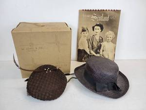 lot 166 image: Pair of Vintage Hats and 1957 Bonnie Scotland Calendar with Queen Elizabeth on the Cover