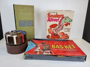 lot 169 image: Lot of Vintage Games - Snakes Alive (Ideal), Bas-Ket Basketball game (Cadaco), INDIA Game Board (Milton Bradley), and Poker Chip Carousel