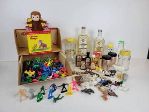 lot 170 image: Lot of Treasures - Vintage Kitchen Flavorings, Curious George Jack-in-the-Box, Plastic Animals and Figures