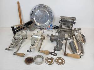 lot 176 image: Lot of Vintage Kitchen Items, Meat Grinders, and Shoe Stretchers