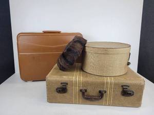 lot 178 image: Pair of Vintage Suitcases with Fur Hat in Hat Box - NO SHIPPING