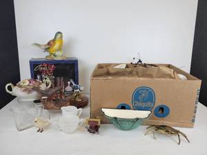 lot 186 image: Large Lot of Vintage Porcelain Bird Figurines, Planters, Brass Crab Ash Tray, and More - NO SHIPPING