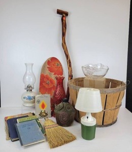 lot 189 image: Lot of Vintage Treasures - Apple Basket, Oil Lamp, Christian Song Books, Lamps, and More NO SHIPPING