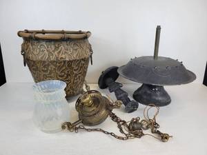 lot 190 image: Vintage Brass-Colored Light Fixture, Tin Planter, and More - NO SHIPPING