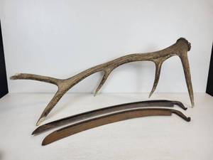 lot 194 image: Elk Antler and Pair of Scythe Blades