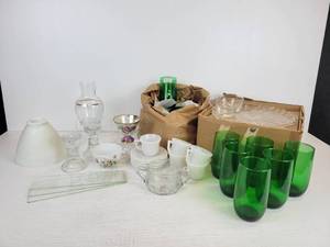 lot 202 image: Lot of Glassware - Green Glasses (Large and Small), Daisy Snack Set, Glass Lampshade, and More NO SHIPPING