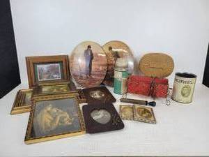 lot 204 image: Lot of Vintage Dcor - TV Lamp, Framed Lithos, Covered Basket, and More - NO SHIPPING