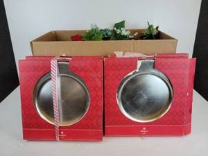 lot 239 image: Lot of (16) Silver Charger Plates and Box of Silk Flowers and Home Dcor - NO SHIPPING