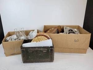 lot 244 image: Lot of Vintage Treasures - Glassware, Trivets, Ammo Box, Trays, Assorted Home Dcor - NO SHIPPING