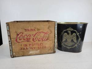 lot 265 image: Vintage Coca-Cola Family Size Bottle Crate and Patriotic-Themed Embossed Tin Garbage Can