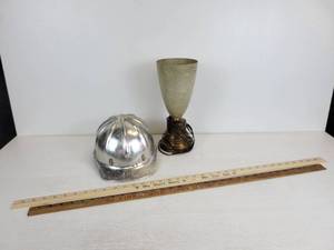 lot 267 image: Vintage Helmet, Brass-Base Lamp, and Pair of Yard Sticks - NO SHIPPING