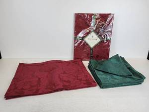 lot 27 image: Waterford Linens - Ruby Barons Court Table Runner, Ruby Barons Court Placemats, and Emerald Barons Court Cloth Napkins