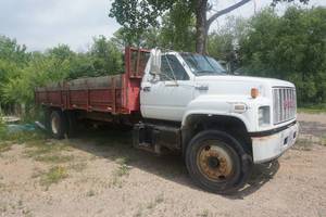 lot 1 image: 1994 GMC Top Kick Dually Dump Truck With 16 Contractors Box With Fold Down Sides