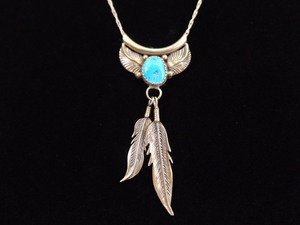 .925 Sterling Silver Native American Sleeping Beauty Turquoise Feather Dangle Pendant Necklace