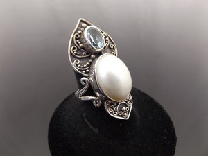 .925 Sterling Silver Oval Cut Topaz Crystal Baroque Pearl Ring Size 7.5