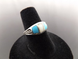 .925 Sterling Silver Inlayed Turquoise and Pearl Band Ring Size 6.5
