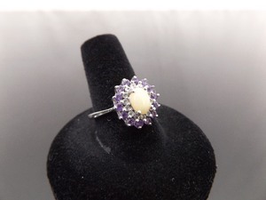 .925 Sterling Silver Opal Cabochon Amethyst Crystal Ring Size 9