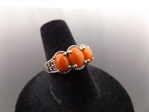 .925 Sterling Silver Red Coral Cabochon Ring Size 7