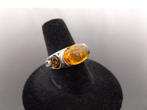 .925 Sterling Silver Amber Cabochon Ring Size 8