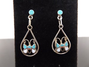 .925 Sterling Silver Native American Inlayed Stone Butterfly Dangle Post Earrings
