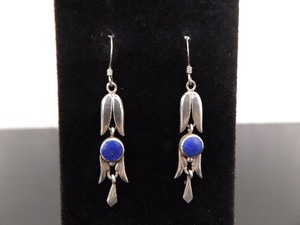 .925 Sterling Silver Inlayed Lapis Lazuli Art Wings Dangle Hook Earrings