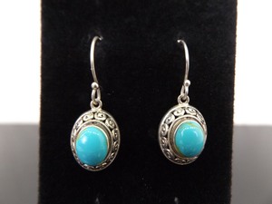 .925 Sterling Silver Turquoise Cabochon Dangle Hook Earrings