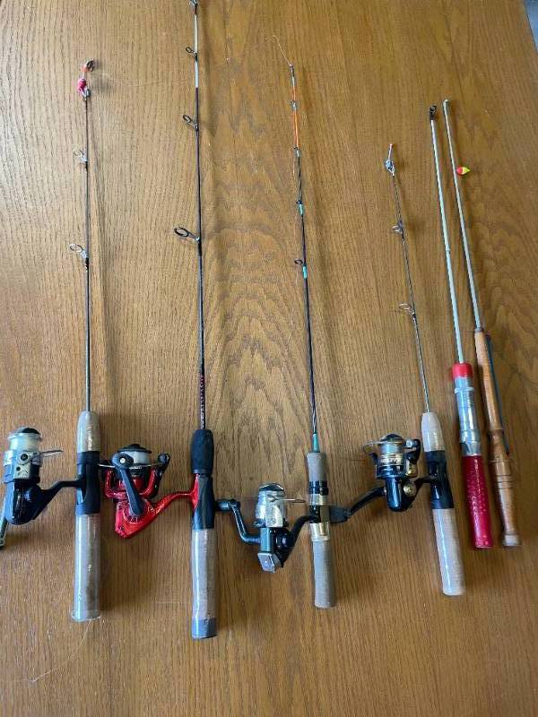 Lot of Ice Fishing Rods (6) and Reels (4), LE SUEUR Estate Sale- FISHING  GEAR, Trolling Motors, Hunting Decoys, SHOP Equipment, POWER/HAND TOOLS,  Lawn Care, Household, Collectibles, and MUCH MORE!!