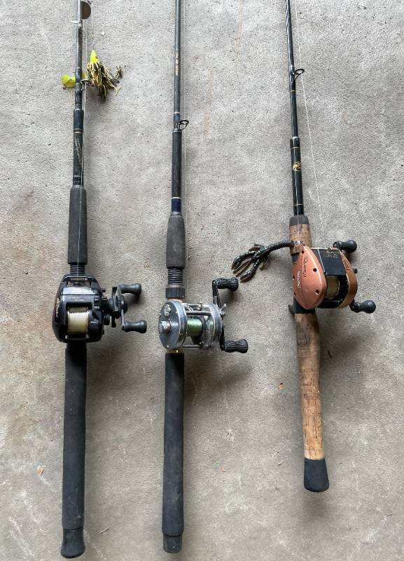 Lot of 3 Fishing Rods and Reels- Includes Pitchin and Quantum Reels, Brush  Buster Rod and MORE  LE SUEUR Estate Sale- FISHING GEAR, Trolling Motors,  Hunting Decoys, SHOP Equipment, POWER/HAND TOOLS