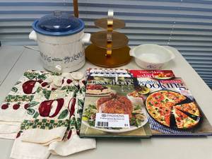 lot 81 image: Kitchen Lot- Crock Pot, Kitchen towels, Cook Books and More