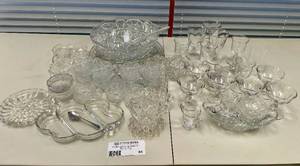 lot 84 image: Large Lot of  Glassware, Punch Bowl w Matching Cups, Relish Tray, Desert Cups and More