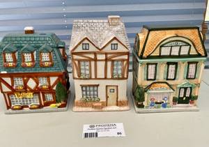lot 86 image: Lot of 3 Vintage Village Ceramic Cookie Jars - Sweet Shop, Bakery & Flower Shop