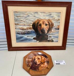 lot 105 image: Golden Retriever Dog Framed Artwork and Decorative Plate