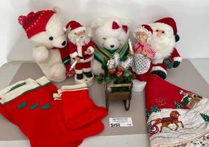 lot 116 image: Christmas Plush Bears, Vintage Stockings, Tree Skirt and Santa Mrs. Claus Figures