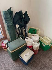 lot 124 image: Camping Lot 2 Tent Charis, 4 Coolers and 3 Beverage Coolers.  