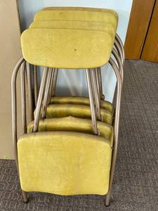lot 126 image: Lot of 4 Vintage Yellow Folding Chairs, Full Length Mirror and Ironing Board