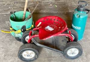 lot 41 image: Lot of Gardening Supplies-Scooter, Bucket with Tools and Sprayer