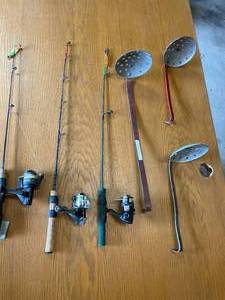 lot 56 image: 3 Ice Fishing Rods w Reels and 3 Ice Scoops