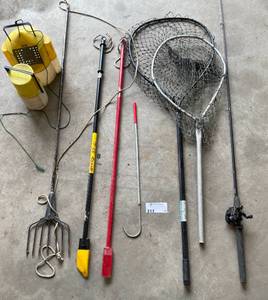 lot 65 image: Various Fishing Supplies-Ice Chisels, Rod and Reel, Nets, Minnow Buckets and MORE