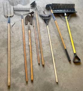 lot 141 image: Lot of Various Lawn and Gardening Tools-Pitchforks, Rakes, Shovel and More