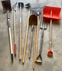 lot 142 image: Lot of Various Lawn and Gardening Tools- Shovels, Hoes, Rakes and More