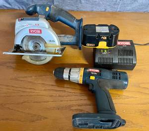 lot 158 image: Ryobi Cordless Power Tools- Circular Saw, Drill, Battery and Charger