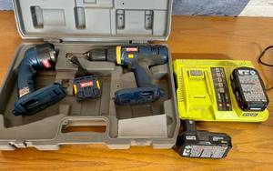 lot 163 image: Lot of Ryobi Cordless Power Tools-Drill, Flashlight, 2 Batteries and Duel Charger