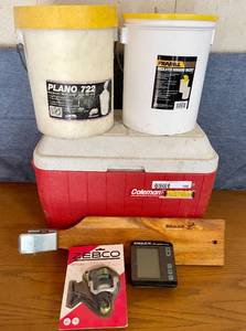 lot 166 image: Fishing Supplies- 2 minnow Buckets, Cleaning board with Clamp, New Reel, Cooler and More