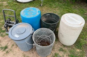 lot 76 image: Lot of Large Trash Containers, Plastic Barrels and Outdoor Hose Reel