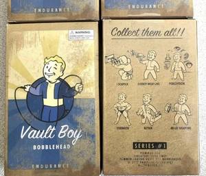 lot 47 image: NEW Lot of 4 Gaming Heads Fallout 4 Vault Boy Bobblehead Figures