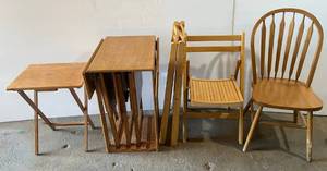 lot 27 image: Three Folding Wood Chairs, Wood High Back Chair & Wooden TV Trays With  Drop Leaf Table Holder