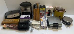 lot 80 image: Group Of Misc. Household Small Kitchen Items Including Knives, Crockpot And More