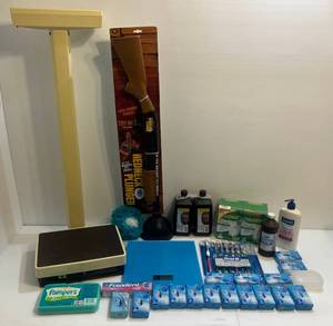 lot 83 image: Two Bathroom Scales Battery Operated And Bathroom Supplies Including hydrogen Peroxide, Redneck Plunger And More