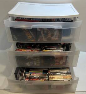 lot 86 image: Plastic Three Drawer Storage Bin Filled With DVDs & More
